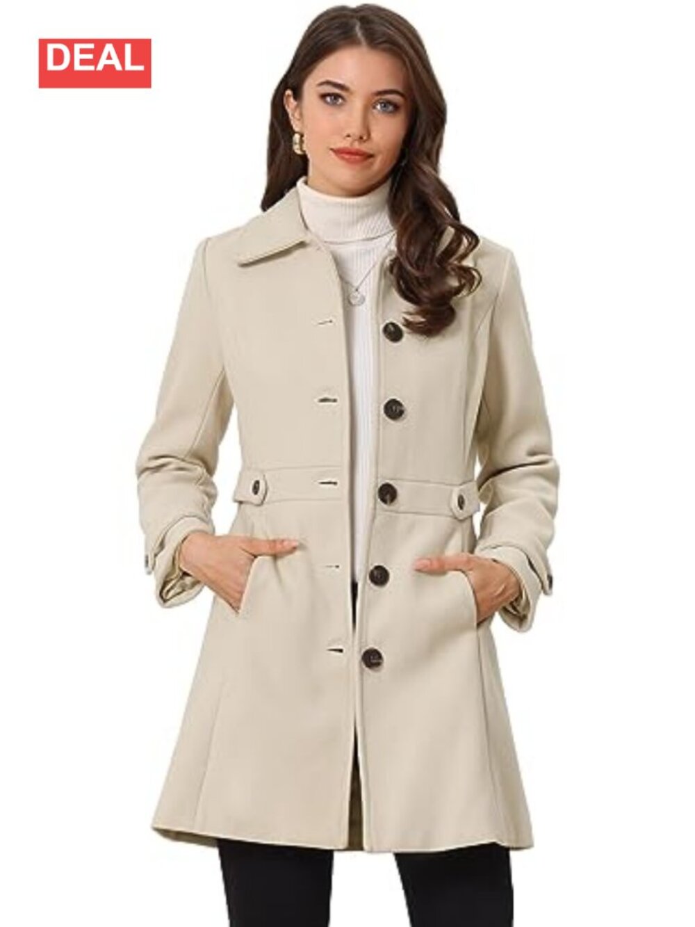 Classic Single Breasted Pea Coat Button Front Lapel Collar Long Sleeve